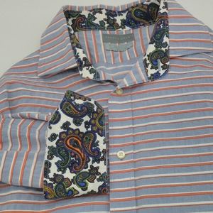 Thomas Dean Flip Cuff Dress Shirt Sz XL Stripes Paisley Button Down